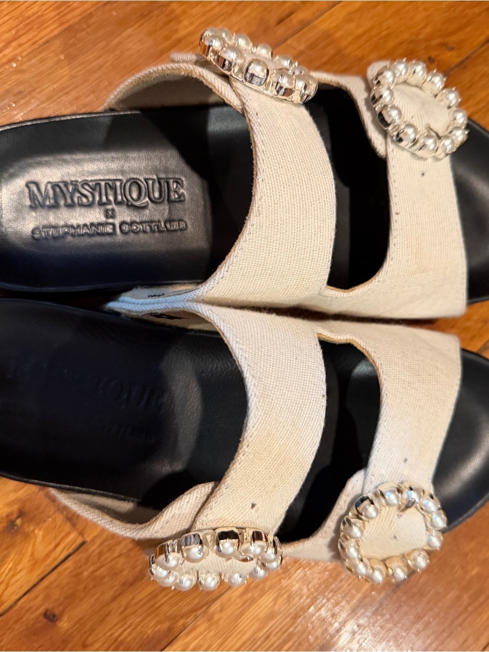 Mystique Boutique Beige Pearl-Embellished Double-Strap Slide Sandals